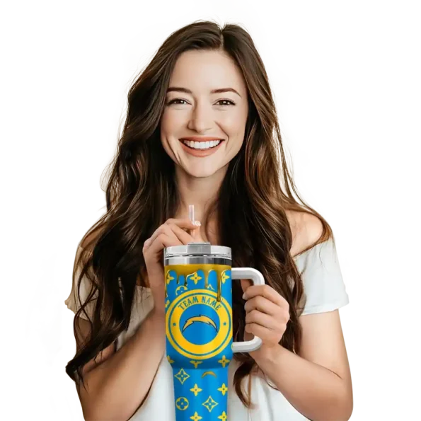 personalized los angeles chargers bullseye drips blue curved tumbler premium grade.webp