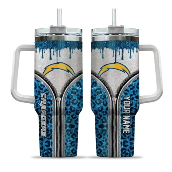 personalized los angeles chargers leopard zipper blue curved tumbler best selling.webp