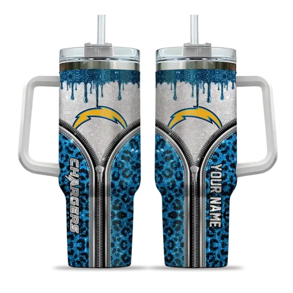 personalized los angeles chargers leopard zipper blue curved tumbler best selling.webp
