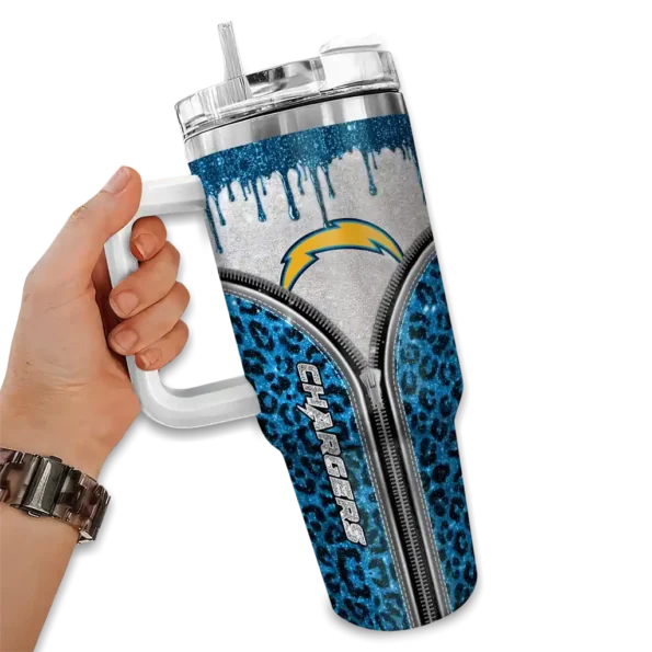 personalized los angeles chargers leopard zipper blue curved tumbler fashion forward.webp