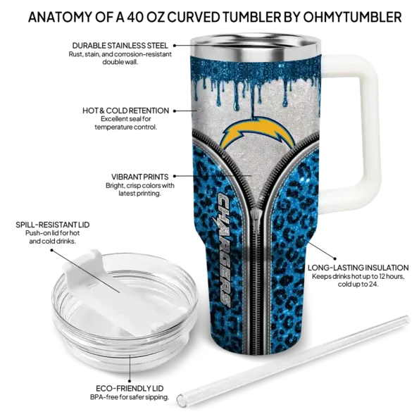 personalized los angeles chargers leopard zipper blue curved tumbler new arrival.webp