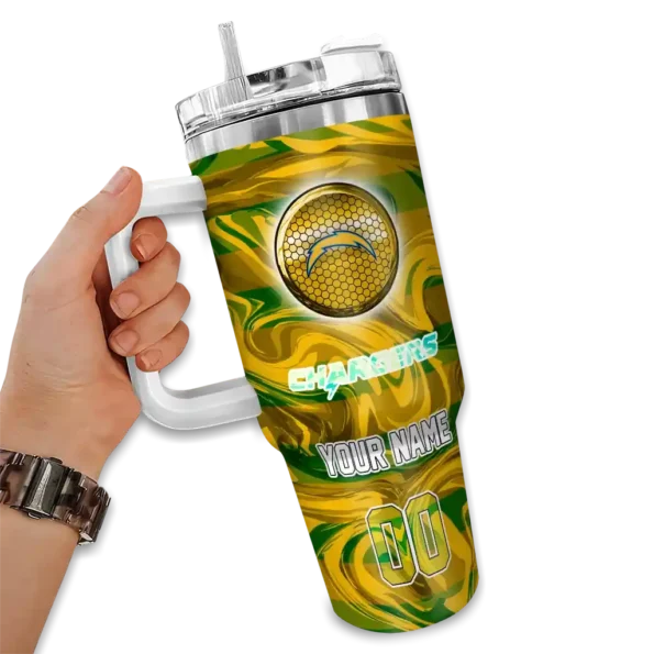 personalized los angeles chargers marbled stripes blue curved tumbler fashion forward.webp