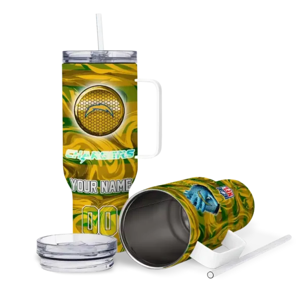 personalized los angeles chargers marbled stripes blue curved tumbler high quality.webp