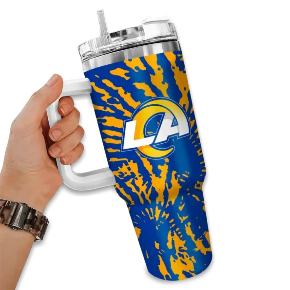 personalized los angeles rams burst swirl blue curved tumbler fashion forward.webp