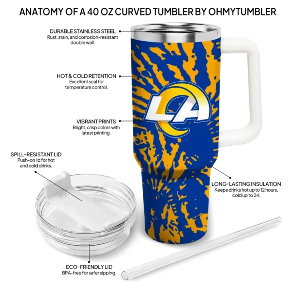 personalized los angeles rams burst swirl blue curved tumbler new arrival.webp