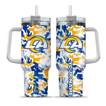personalized los angeles rams camo mashup blue white curved tumbler best selling.webp
