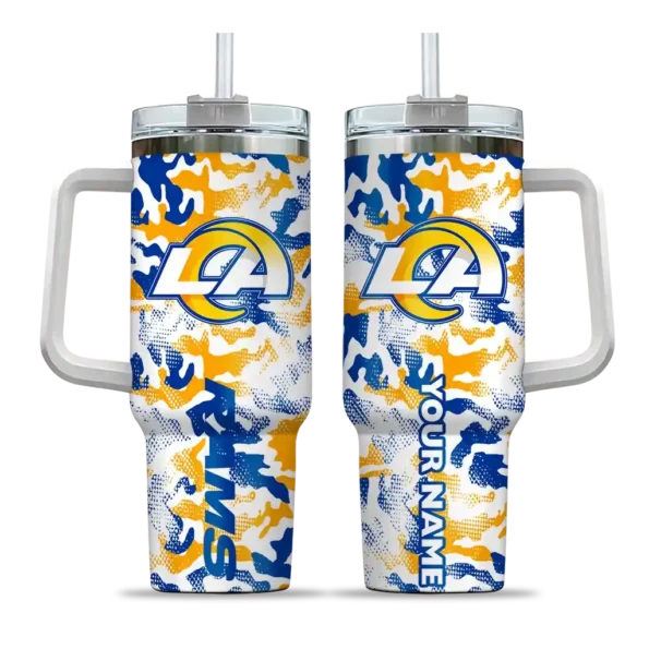personalized los angeles rams camo mashup blue white curved tumbler best selling.webp