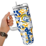 personalized los angeles rams camo mashup blue white curved tumbler best selling.webp