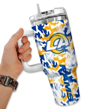 personalized los angeles rams camo mashup blue white curved tumbler fashion forward.webp