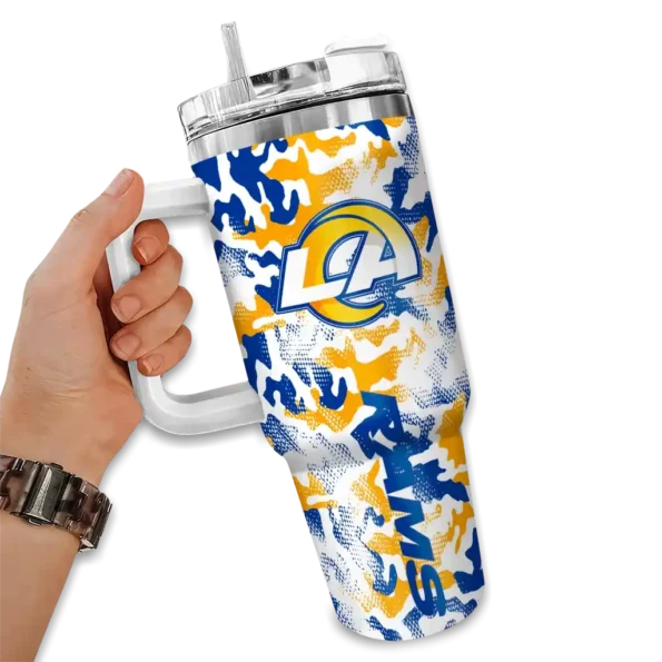 personalized los angeles rams camo mashup blue white curved tumbler fashion forward.webp