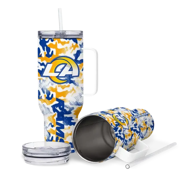 personalized los angeles rams camo mashup blue white curved tumbler high quality.webp