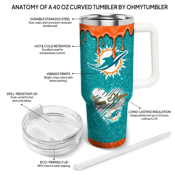 personalized miami dolphins heart helmet motif aqua curved tumbler new arrival.webp