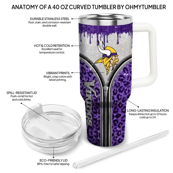 personalized minnesota vikings leopard zipper purple curved tumbler new arrival.webp