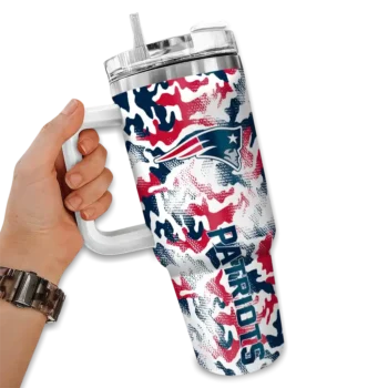 personalized new england patriots camo mashup blue white curved tumbler fashion forward.webp