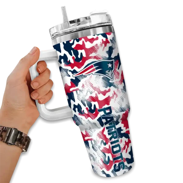 personalized new england patriots camo mashup blue white curved tumbler fashion forward.webp