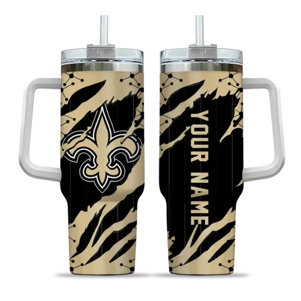 personalized new orleans saints claw cut gold black curved tumbler best selling.webp