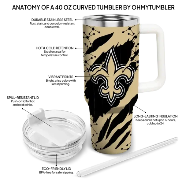 personalized new orleans saints claw cut gold black curved tumbler new arrival.webp