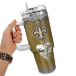 personalized new orleans saints heart helmet motif gold curved tumbler best selling.webp