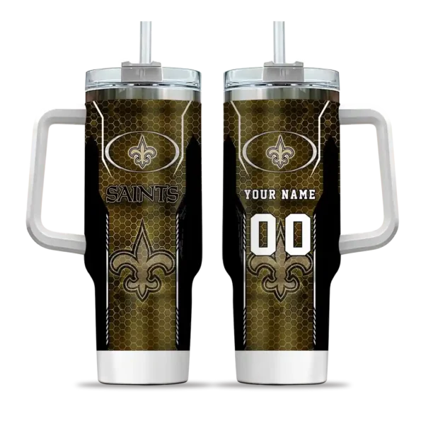 personalized new orleans saints hexagon armor gold curved tumbler best selling.webp