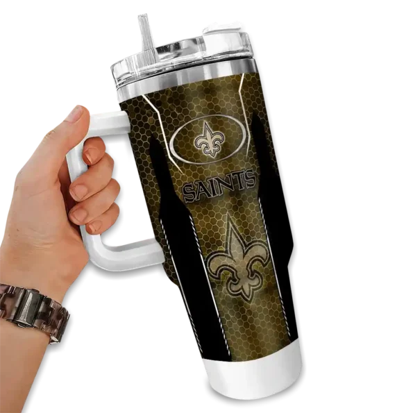 personalized new orleans saints hexagon armor gold curved tumbler fashion forward.webp