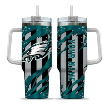 personalized philadelphia eagles claw cut green black curved tumbler best selling.webp