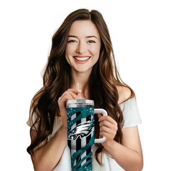 personalized philadelphia eagles claw cut green black curved tumbler premium grade.webp