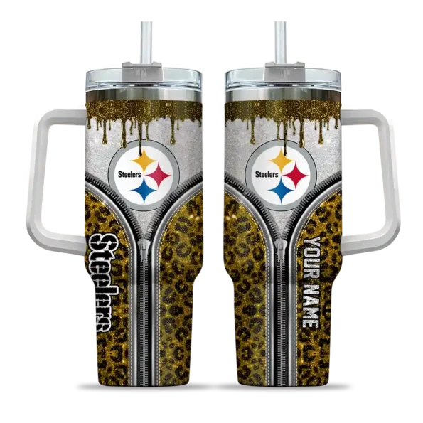 personalized pittsburgh steelers leopard zipper gold curved tumbler best selling.webp