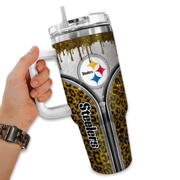 personalized pittsburgh steelers leopard zipper gold curved tumbler fashion forward.webp