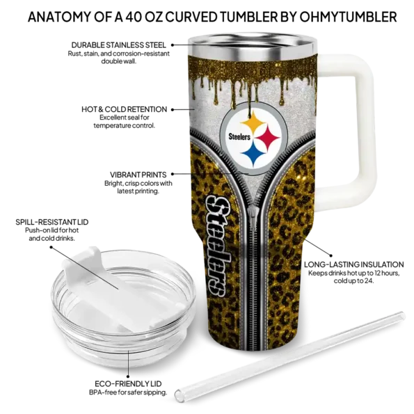 personalized pittsburgh steelers leopard zipper gold curved tumbler new arrival.webp
