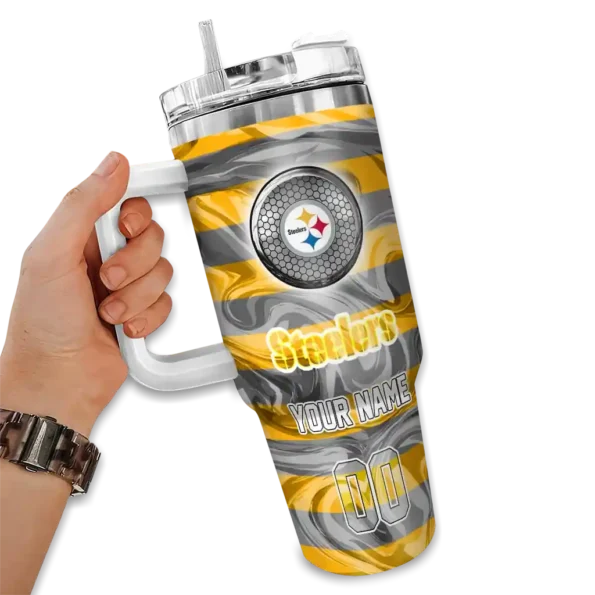 personalized pittsburgh steelers marbled stripes gold curved tumbler fashion forward.webp