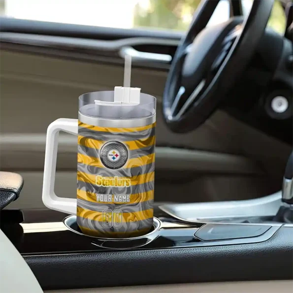 personalized pittsburgh steelers marbled stripes gold curved tumbler trendy.webp