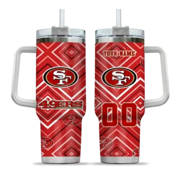 personalized san francisco 49ers bold diamonds red curved tumbler best selling.webp