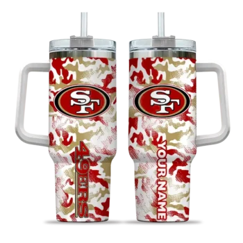 personalized san francisco 49ers camo mashup red white curved tumbler best selling.webp