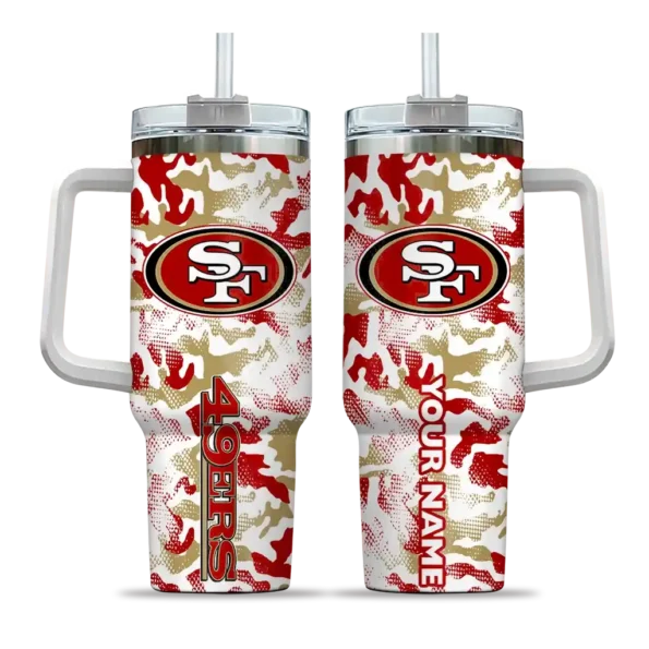 personalized san francisco 49ers camo mashup red white curved tumbler best selling.webp