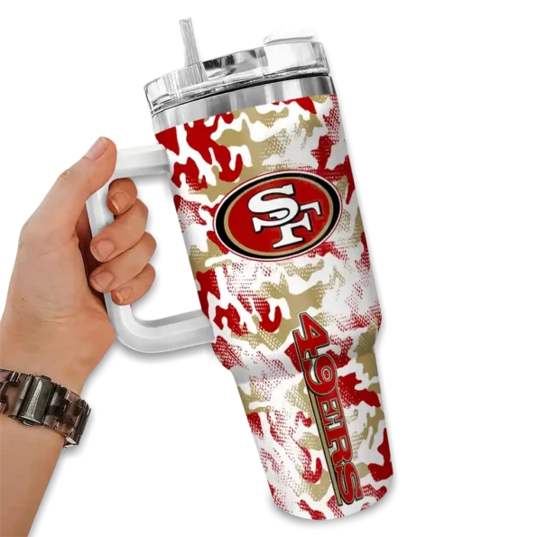 personalized san francisco 49ers camo mashup red white curved tumbler fashion forward.webp