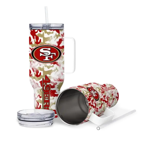 personalized san francisco 49ers camo mashup red white curved tumbler high quality.webp