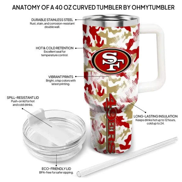 personalized san francisco 49ers camo mashup red white curved tumbler new arrival.webp