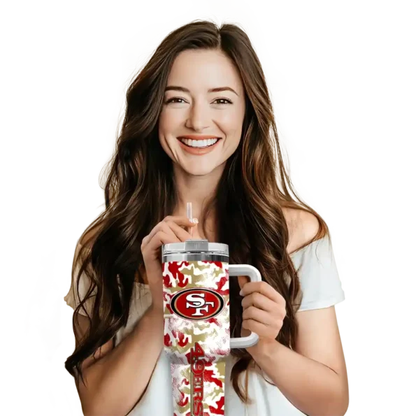 personalized san francisco 49ers camo mashup red white curved tumbler premium grade.webp