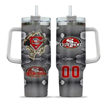 personalized san francisco 49ers superman shield red gray curved tumbler best selling.webp