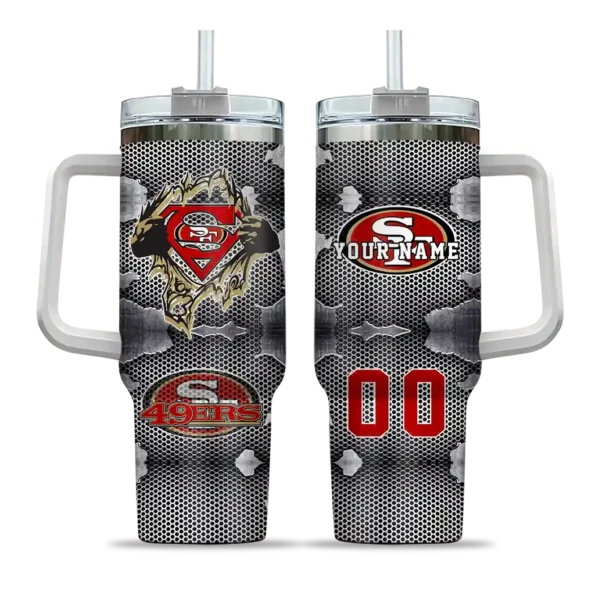 personalized san francisco 49ers superman shield red gray curved tumbler best selling.webp