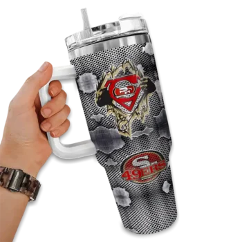 personalized san francisco 49ers superman shield red gray curved tumbler fashion forward.webp