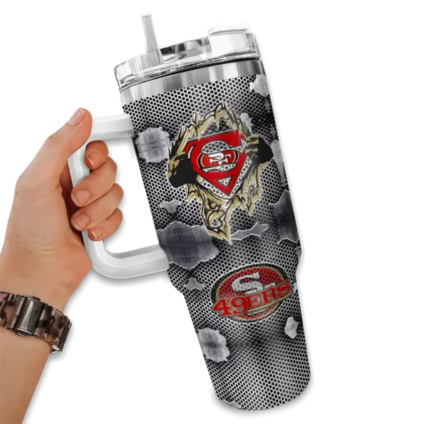 personalized san francisco 49ers superman shield red gray curved tumbler fashion forward.webp
