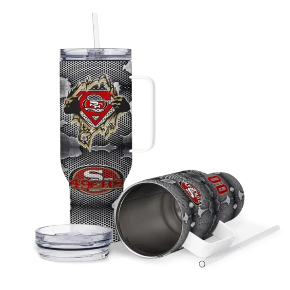 personalized san francisco 49ers superman shield red gray curved tumbler high quality.webp