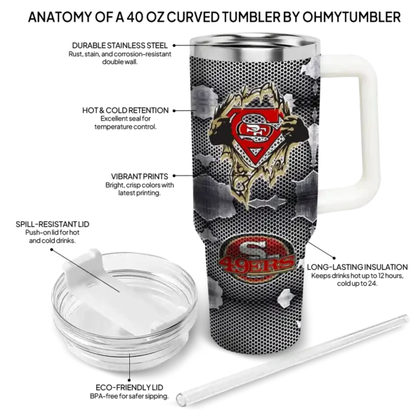 personalized san francisco 49ers superman shield red gray curved tumbler new arrival.webp