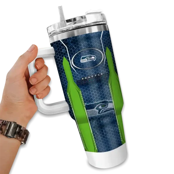 personalized seattle seahawks hexagon armor blue curved tumbler fashion forward.webp