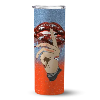 Personalized Denver Broncos Sparkle Lips Orange Skinny Tumbler