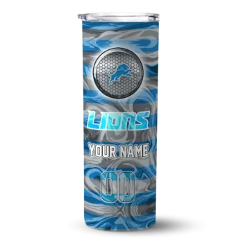 Personalized Detroit Lions Patterned Waves Blue Skinny Tumbler