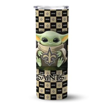 New Orleans Saints Skinny Tumbler - Personalized Yoda Cozy Gold Black