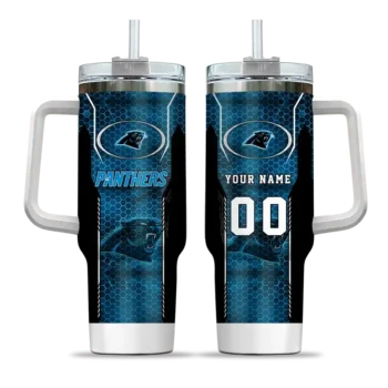 personalized carolina panthers hexagon armor blue curved tumbler best selling.webp
