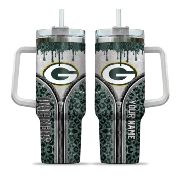 personalized green bay packers leopard zipper green curved tumbler best selling.webp